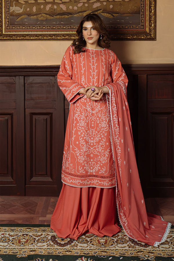 Festive Edit By Sahar Unstitched 3 Piece Chikankari Lawn Collection-02-Gilded Coral - Coral
