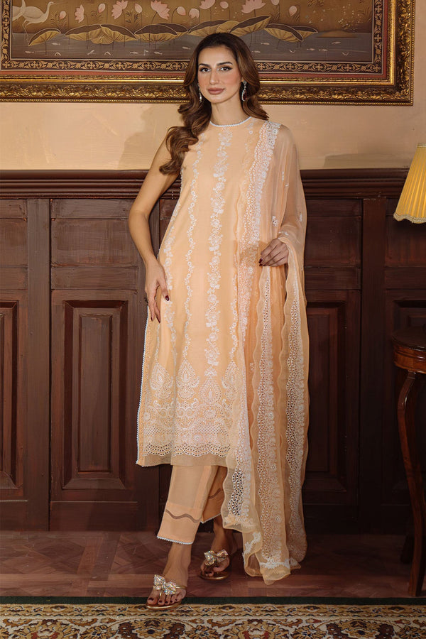 Festive Edit By Sahar Unstitched 3 Piece Chikankari Lawn Collection-04-Apricot Glow - Peach