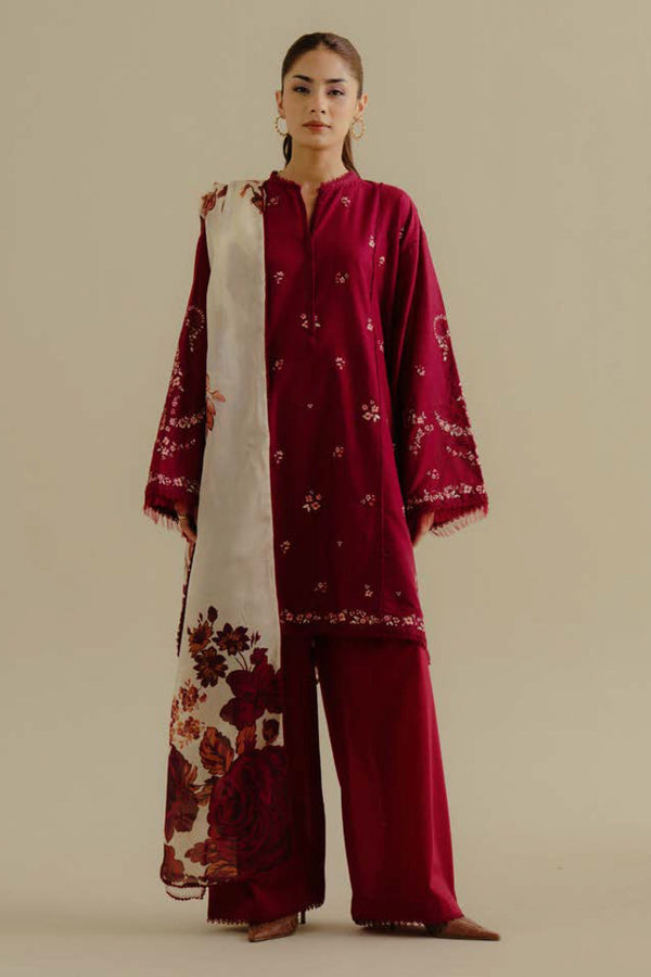 COCO By Zara Shah Jahan Unstitched 3 Piece Lawn Drop 2 Collection'2025-04-B-Yana - Maroon