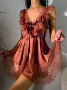 Shein - Contrast Lace Bow Front Satin Babydoll Dress