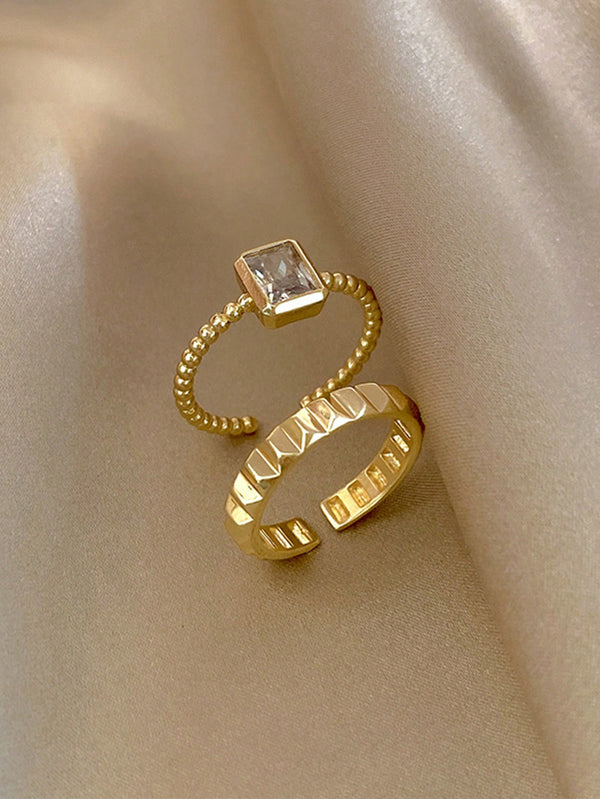 Shein - 1Set Luxury Niche Design Square Cubic Zirconia Open & Solid Ring Set