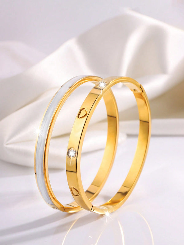 Shein - 2 Pcs Of Light Luxury Exquisite Personality Design Stainless Steel Love Drip Oil Bangle Suitable For Ladies To Wear On Dates