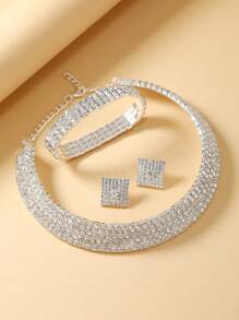 Shein - 4pcs High-End And Elegant Silver-Color Water Drop Rhinestone Collar Jewelry Set