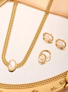 Shein - 1set Stainless Steel New Pearl & Titanium Steel Jewelry Set, Elegant Ring & Earring Set