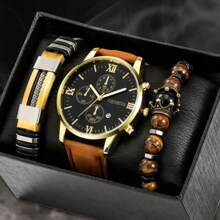 Shein - 1pc Set Vintage Style Brown Leather Quartz Watch & Beaded Bracelet