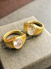 Shein - 1 Pair European Vintage Retro Stripe Desgin Zriconia Copper Hoop Earrings