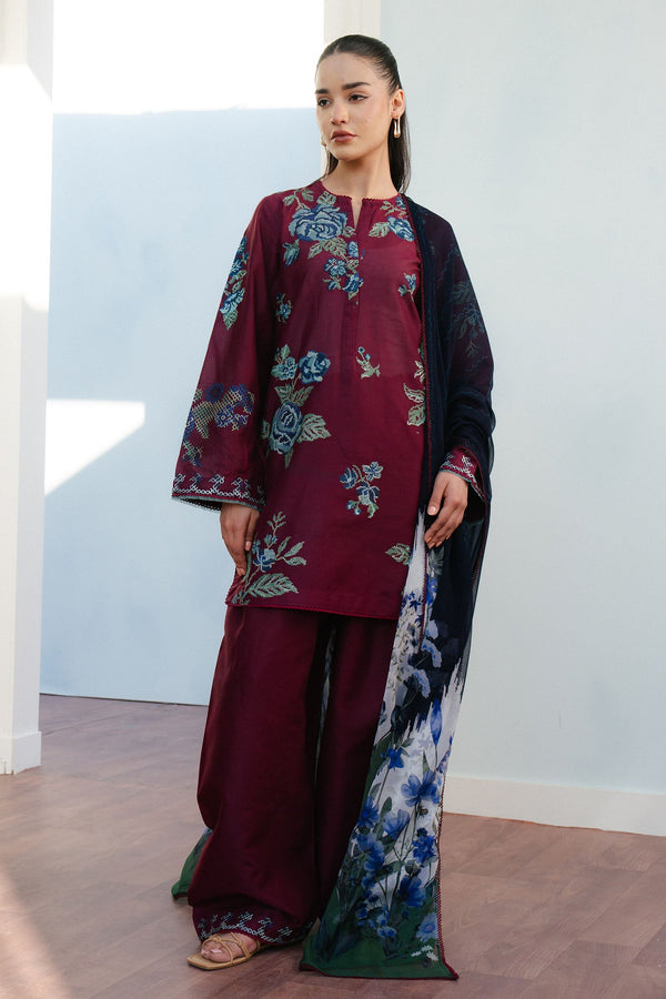 Coco By Zara Shah Jahan Unstitched 3 Piece Summer Lawn Collection'2025-04-B-Freya - Maroon