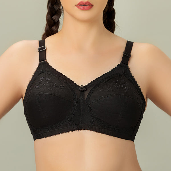 Bebelle - DORIA Cotton, Cotton Embroidered Unpadded Control Bra - BLACK