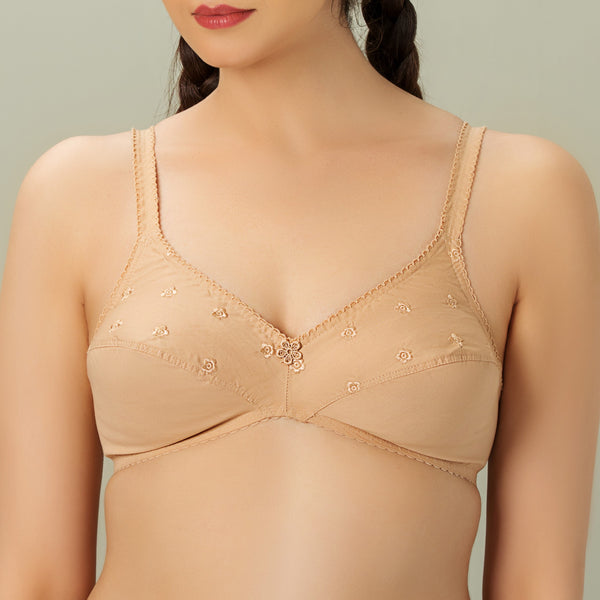 Bebelle - Tulips, Cotton embroidered Unpadded Bra - Skin