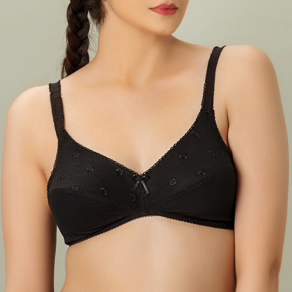 Bebelle - Tulips, Cotton embroidered Unpadded Bra - Black