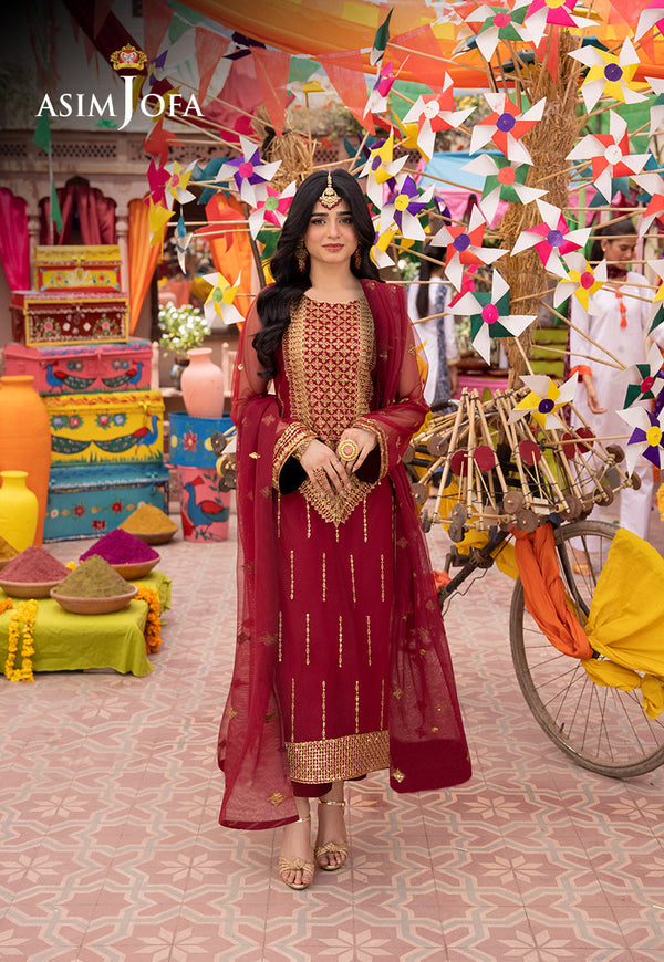 Pyaar Diyan Gallan By Asim Jofa Stitched 3 Piece Formals Pret Collection'2025-AJEMB-10 - Maroon