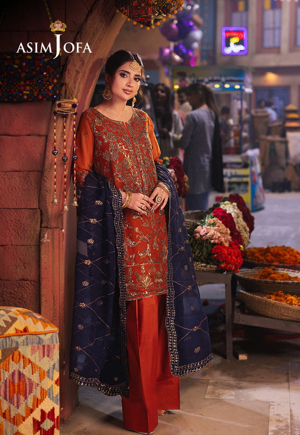 Chamkeeli By Asim Jofa Stitched 3 Piece Formals Pret Collection'2025-AJKKB-10 - Rust