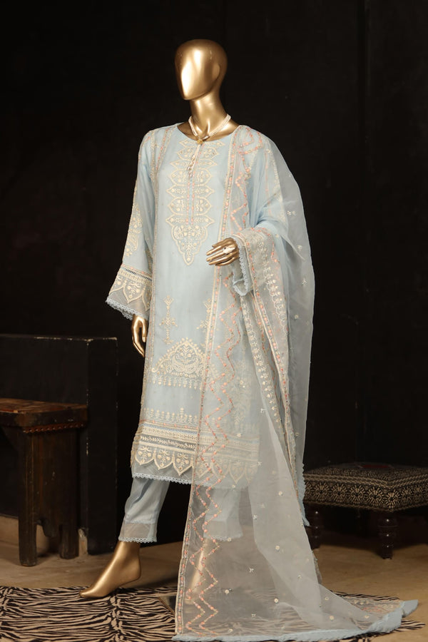 Bin Saeed Stitched 3 Piece Embroidered Chiffon Collection'2022-ZEFC-2001-Sky Blue