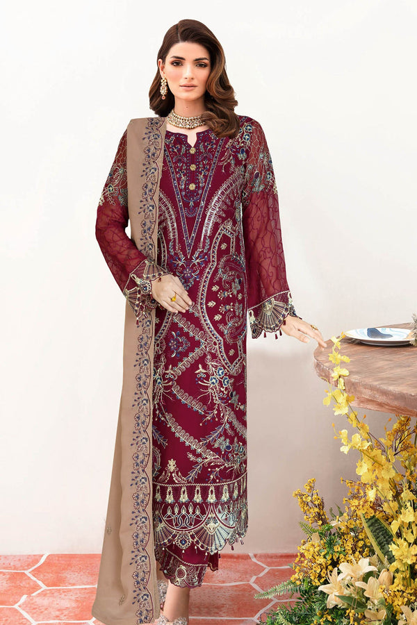 Sangeet By Ramsha Semi-Stitched 3 Piece Chiffon Vol-02 Collection-B-203 -  Maroon