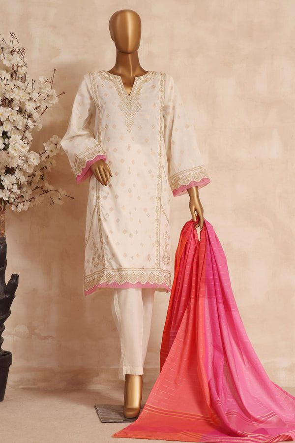 Bin Saeed Stitched 3 Piece Embroidered Jacquard Lawn Collection'2023-BNS-003-White