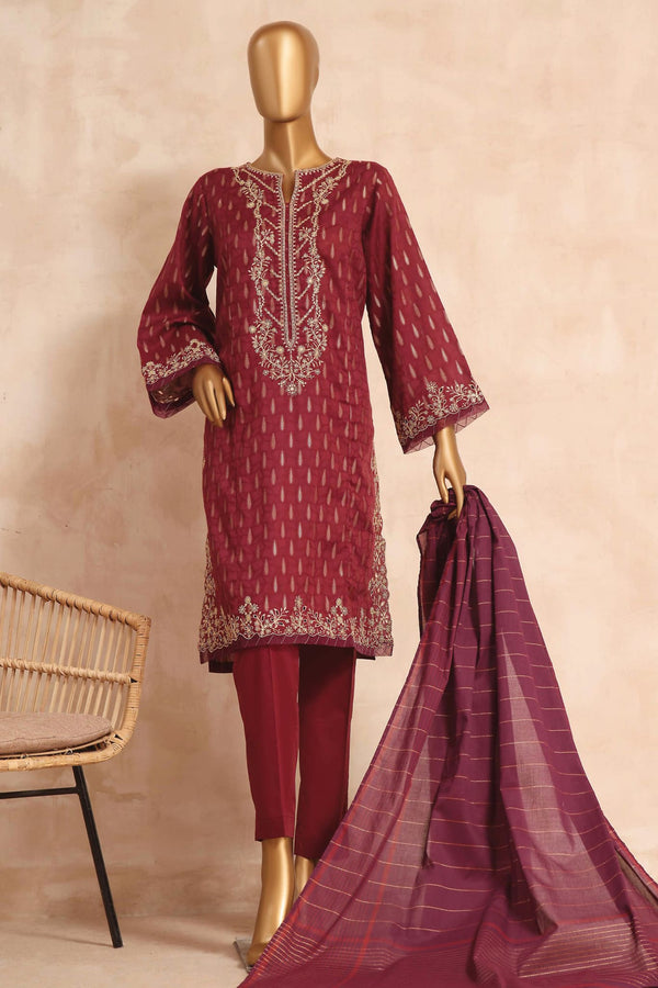 Bin Saeed Stitched 3 Piece Embroidered Jacquard Lawn Collection'2023-BNS-005-Maroon