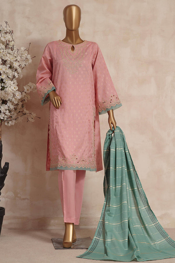 Bin Saeed Stitched 3 Piece Embroidered Jacquard Lawn Collection'2023-BNS-007-T.Pink