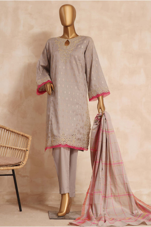 Bin Saeed Stitched 3 Piece Embroidered Jacquard Lawn Collection'2023-BNS-008-Grey