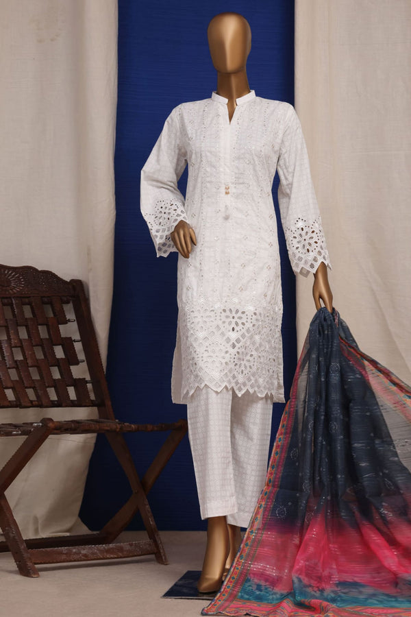 Luckhnovi kari by Bin Saeed Stitched 3 Piece Emb Lawn Collection'2023-CMSTF-016-White