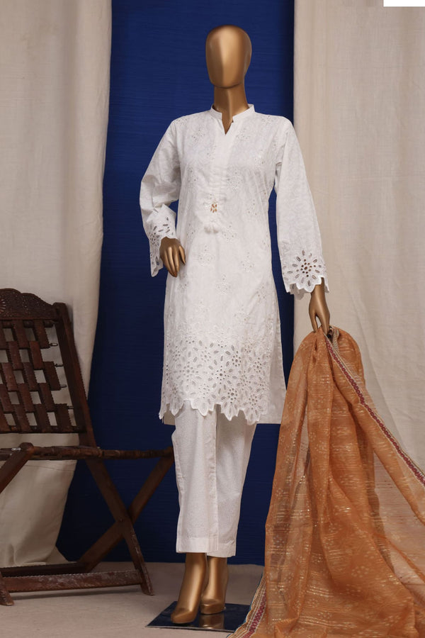 Luckhnovi kari by Bin Saeed Stitched 3 Piece Emb Lawn Collection'2023-CMSTF-017-White