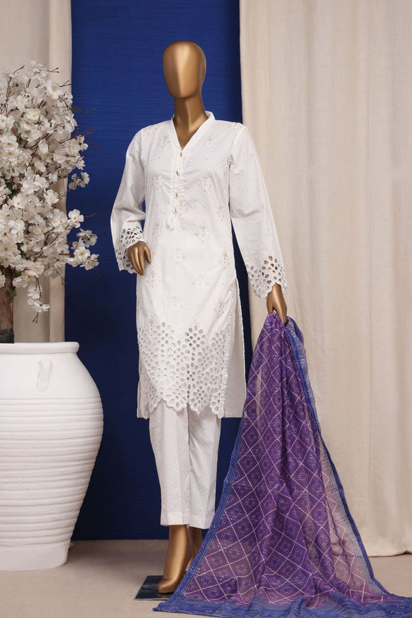 Luckhnovi kari by Bin Saeed Stitched 3 Piece Emb Lawn Collection'2023-CMSTF-022-B-White