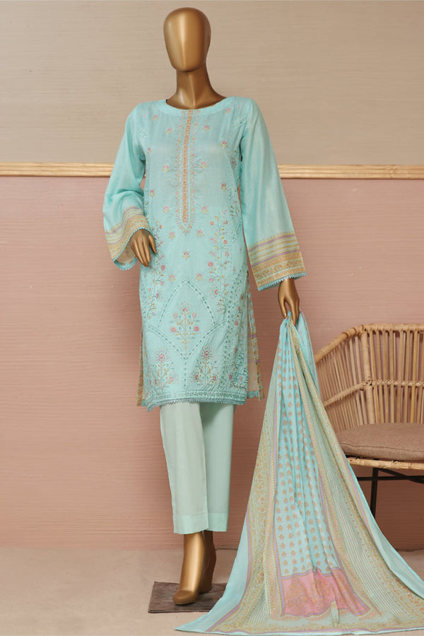 Bin Saeed Stitched 3 Piece Embroidered Summer Lawn Collection'2023-SMLF-128-Ferozi