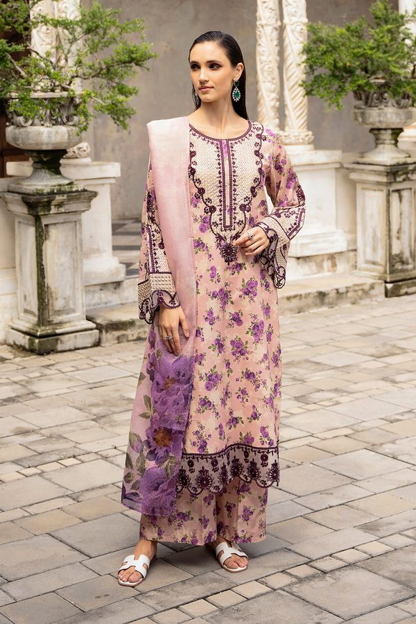 La Flora By Esra Stitched 3 Piece Emb Cambric Collection-LF-24-09 - PEACH