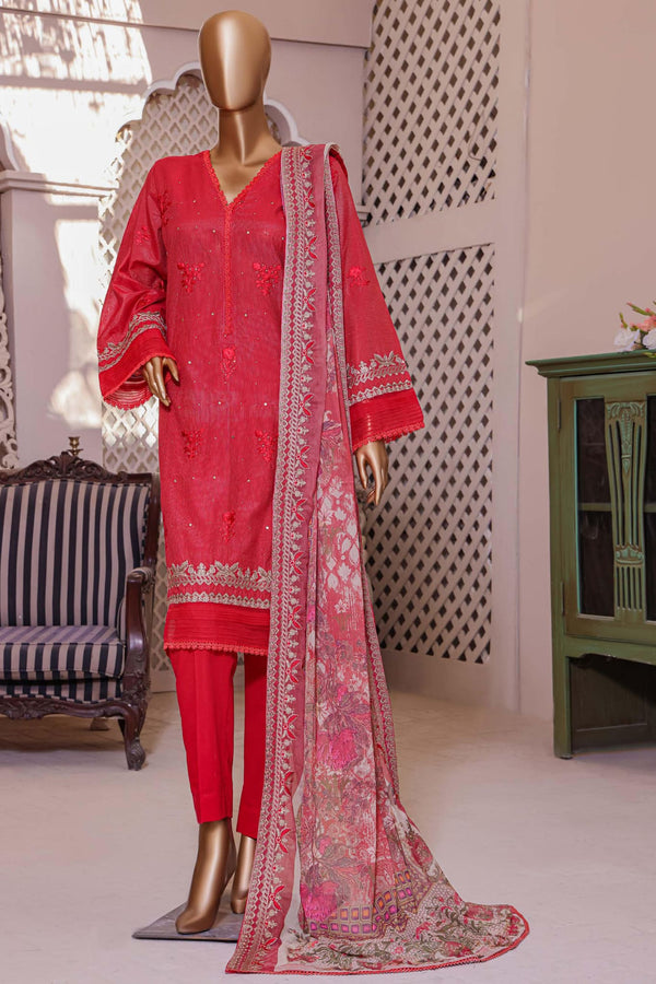 Bin Saeed Stitched 3 Piece Dhagga Kari Summer Collection'2023-DZ-013-B-Red