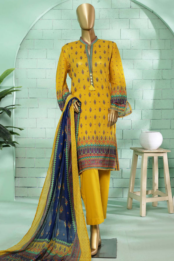 Bin Saeed Stitched 3 Piece Printed Summer Lawn Vol-02 Collection'2023-SMLF-136-Yellow