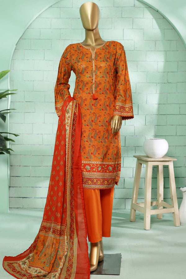 Bin Saeed Stitched 3 Piece Printed Summer Lawn Vol-02 Collection'2023-SMLF-113-Orange