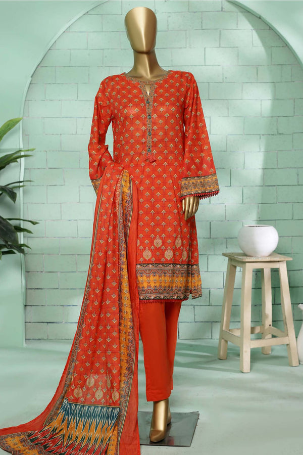 Bin Saeed Stitched 3 Piece Printed Summer Lawn Vol-02 Collection'2023-SMLF-205-Orange