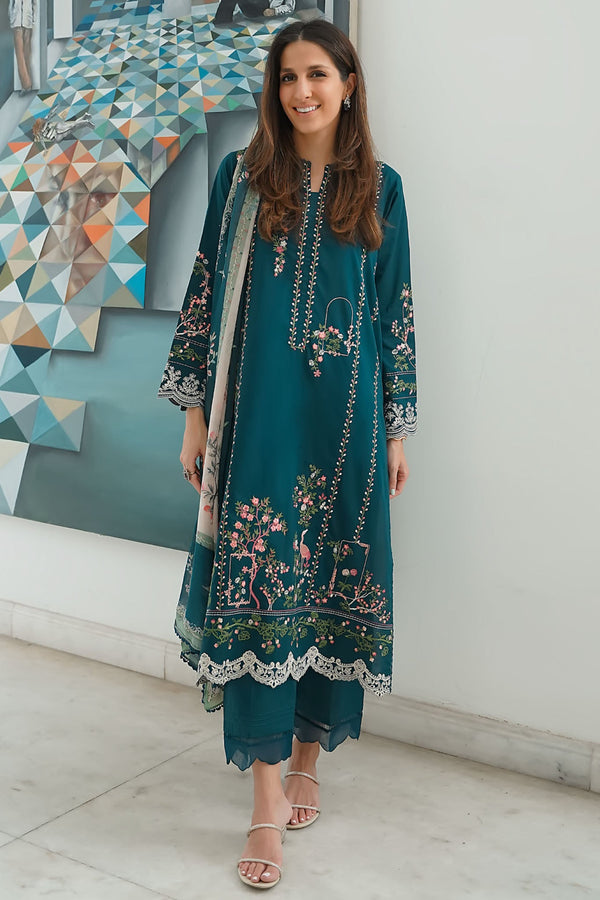 Festive Edit By Sahar Unstitched 3 Piece Emb Lawn Vol-02 Collection-EL-V2-S25-02-Teal Gardenia - Deep Teal