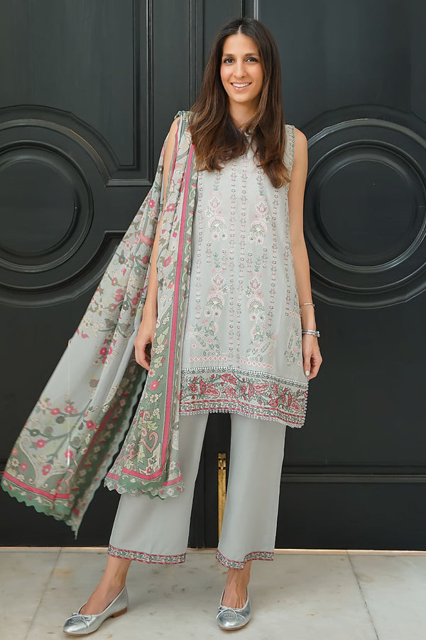 Festive Edit By Sahar Unstitched 3 Piece Emb Lawn Vol-02 Collection-EL-V2-S25-03-Silver Petal - Light Grey