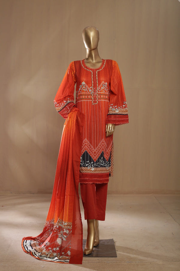 Bin Saeed Stitched 3 Piece Printed Summer Lawn Collection'2023-F-0411-Red