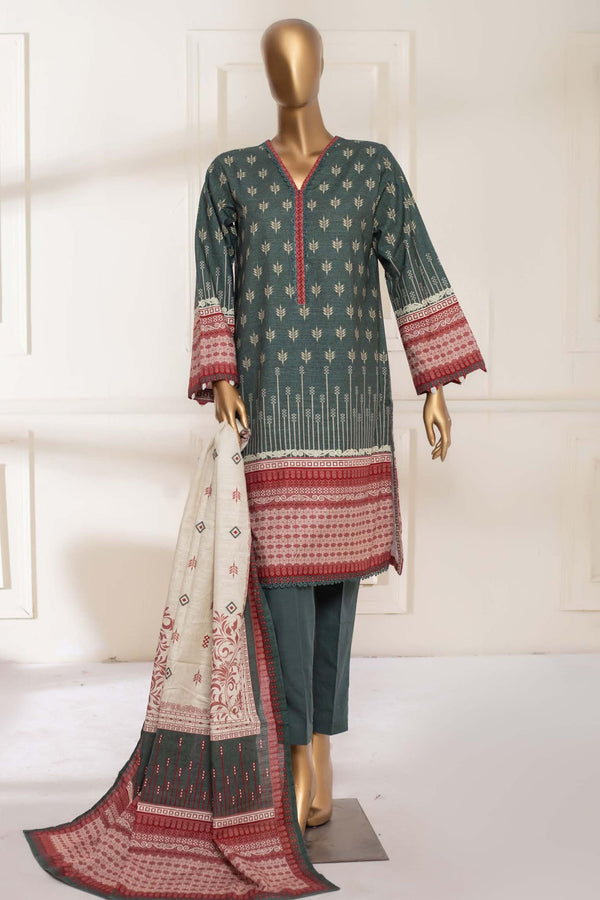 Bin Saeed Stitched 3 Piece Printed Khaddar Collection'2022-KF-0110-Green