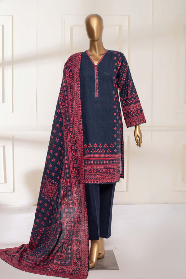 Bin Saeed Stitched 3 Piece Printed Khaddar Collection'2022-KF-0128-Blue