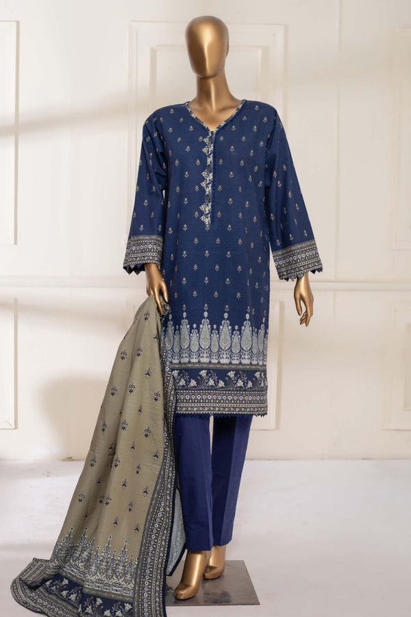 Bin Saeed Stitched 3 Piece Printed Khaddar Collection'2022-KF-0123-Blue