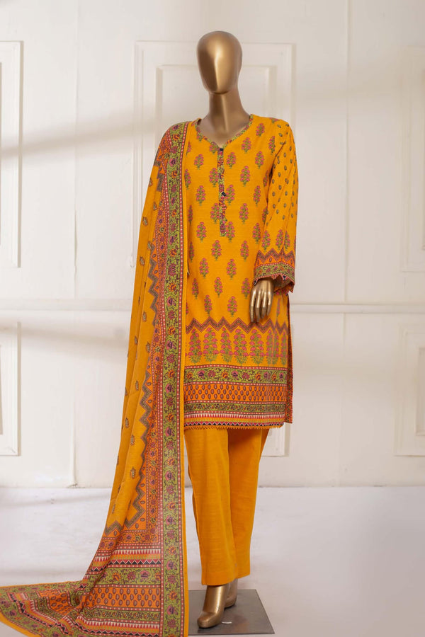 Bin Saeed Stitched 3 Piece Printed Khaddar Collection'2022-KF-0138-Yellow