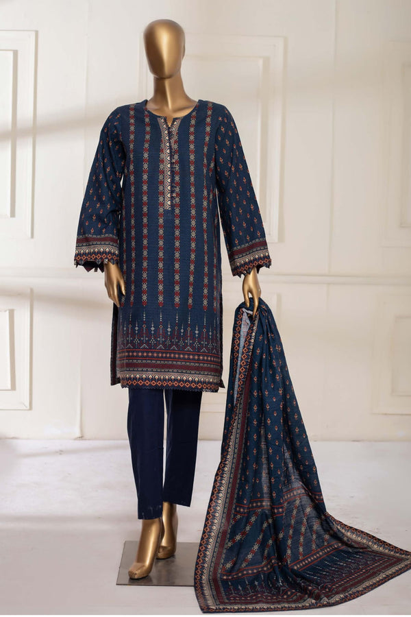 Bin Saeed Stitched 3 Piece Printed Khaddar Collection'2022-KF-0113-Blue