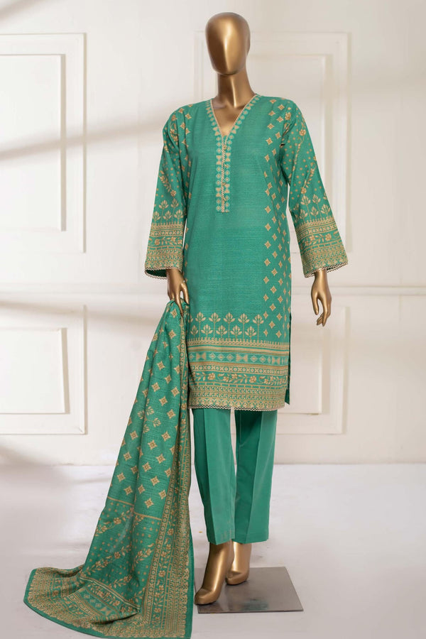 Bin Saeed Stitched 3 Piece Printed Khaddar Collection'2022-KF-0142-Sea Green