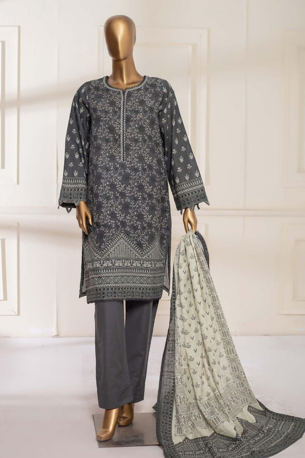 Bin Saeed Stitched 3 Piece Printed Khaddar Collection'2022-KF-069-Grey