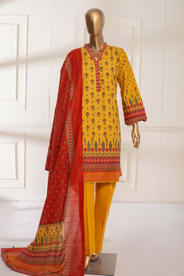 Bin Saeed Stitched 3 Piece Printed Khaddar Collection'2022-KF-0126-Yellow