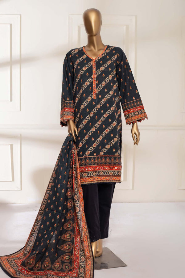 Bin Saeed Stitched 3 Piece Printed Khaddar Collection'2022-KF-0133-Black