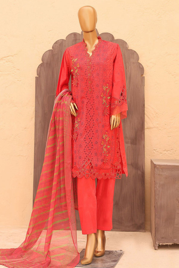 Hoor By Bin Saeed Stitched 3 Piece Festive 3D Flower Cutwork Kari Emb Lawn Collection'2024-LF-833-Red