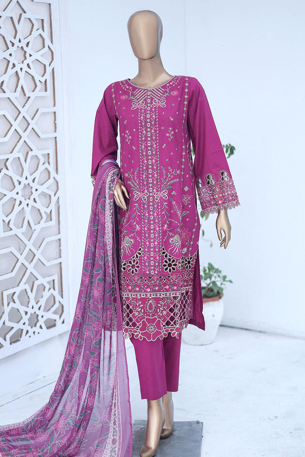 Bin Saeed Stitched 3 Piece Luxury Emb Cotton Collection'2024-LF-952-Magenta