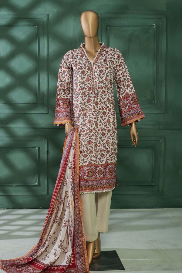 Bin Saeed Stitched 3 Piece Printed Linen Collection'2022-LIN-5961-Off White