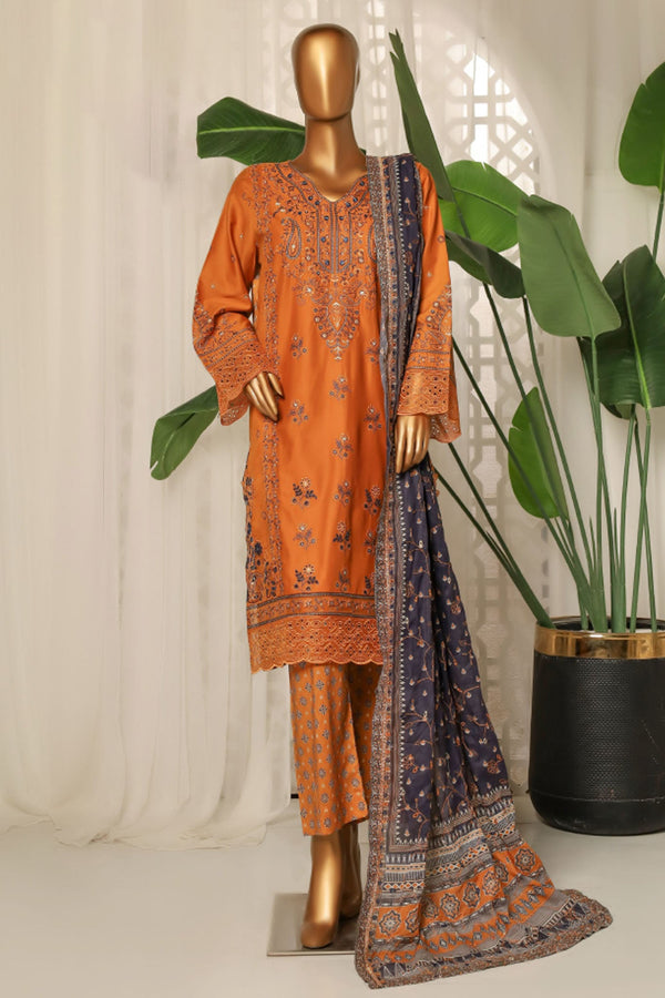 Bin Saeed Stitched 3 Piece Luxury Plain Cotton With Printed Back Collection'2025-NSM-2182-Mustard