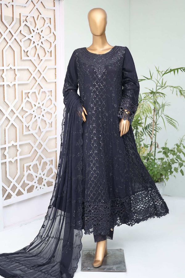 Shazlin By Bin Saeed Stitched 3 Piece Emb Chiffon Frocks Collection'2024-OWSC-990-Navy Blue