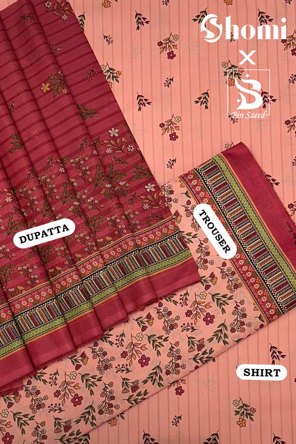 Bin Saeed 3 Piece Unstitched Printed Lawn Edition'01 Collection'2024-RDL-01-Pink