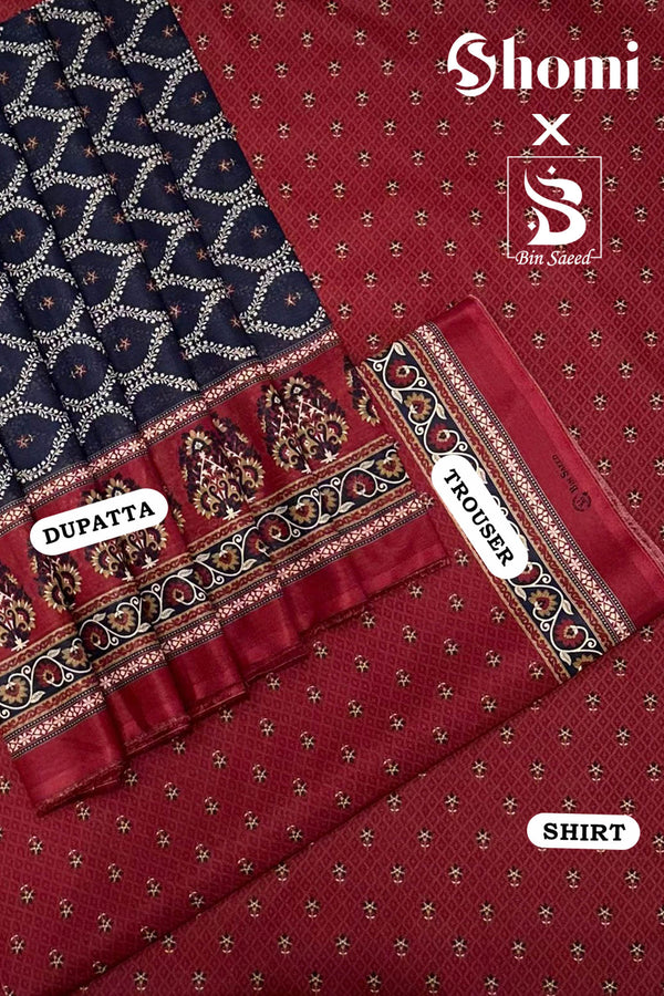 Bin Saeed 3 Piece Unstitched Printed Lawn Edition'01 Collection'2024-RDL-04-Maroon